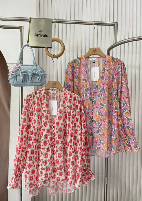 Floral Pleated V-Neck Chiffon Shirts